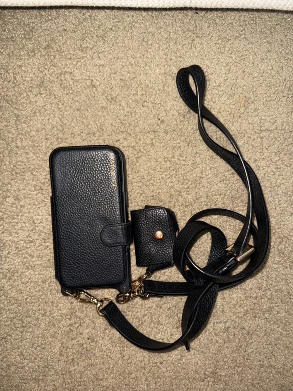 Bandolier pebbled leather black/gold Crossbody Phone Case with AirPod pouch